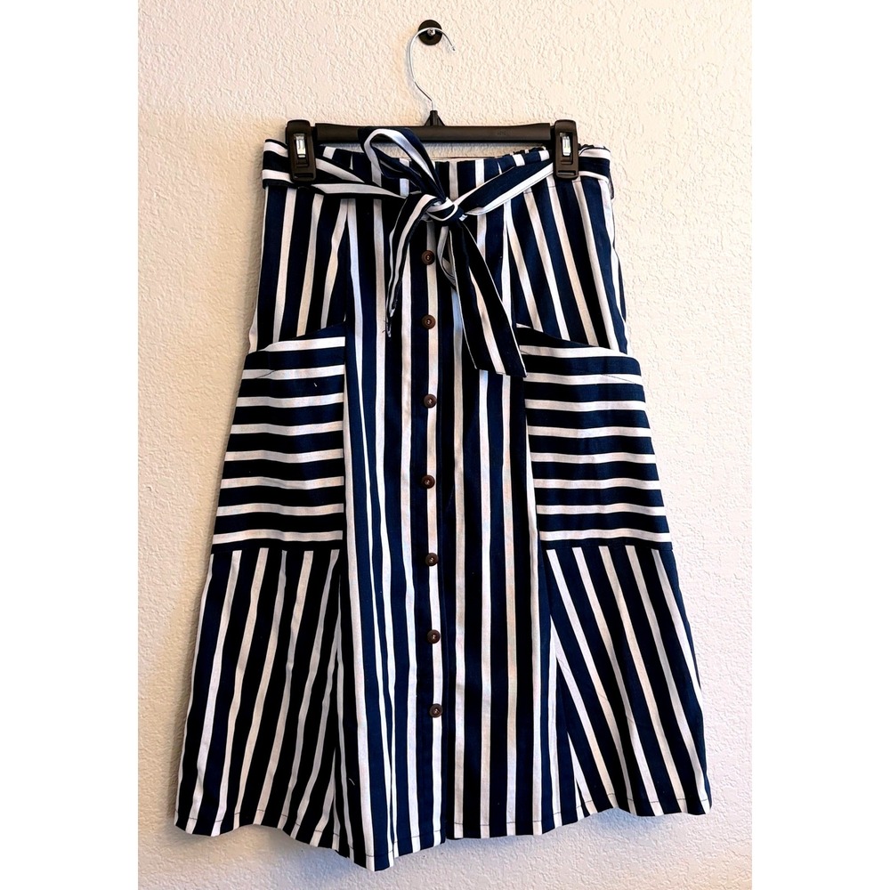 Vintage Metrowear Navy White Striped Button Front Midi Skirt Tie Waist Medium